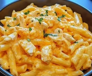 Delicious Buffalo Chicken Alfredo Pasta with spicy chicken and creamy sauce