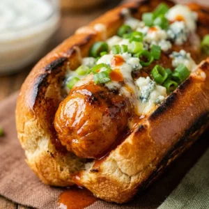 Buffalo Chicken Hot Dogs served with toppings on a wooden board.