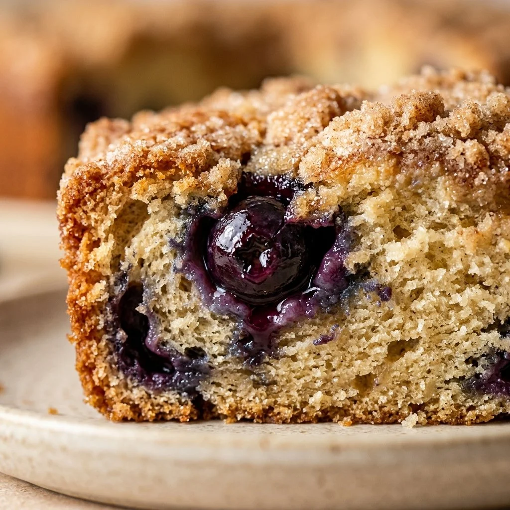 Buttermilk blueberry breakfast cake served on a plate with fresh blueberries on top
