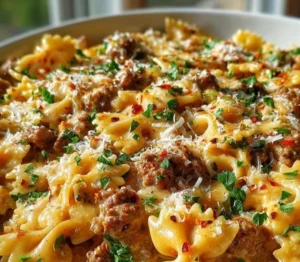 Creamy Cajun Alfredo with bowtie pasta and ground beef served in a bowl.