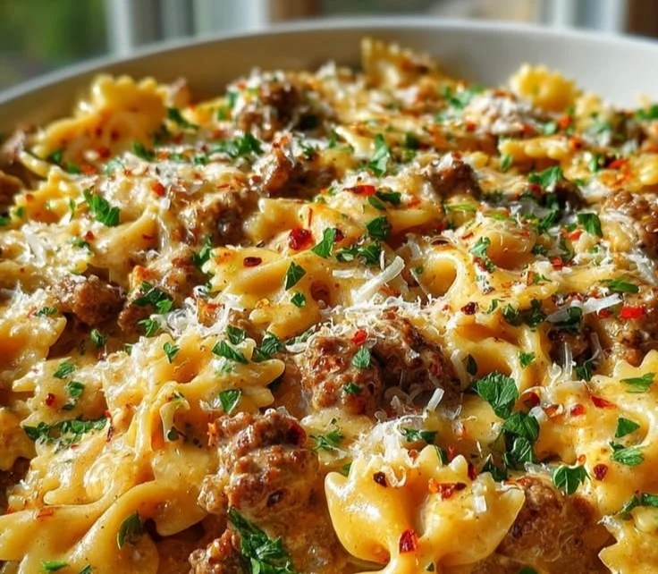 Creamy Cajun Alfredo with bowtie pasta and ground beef served in a bowl.