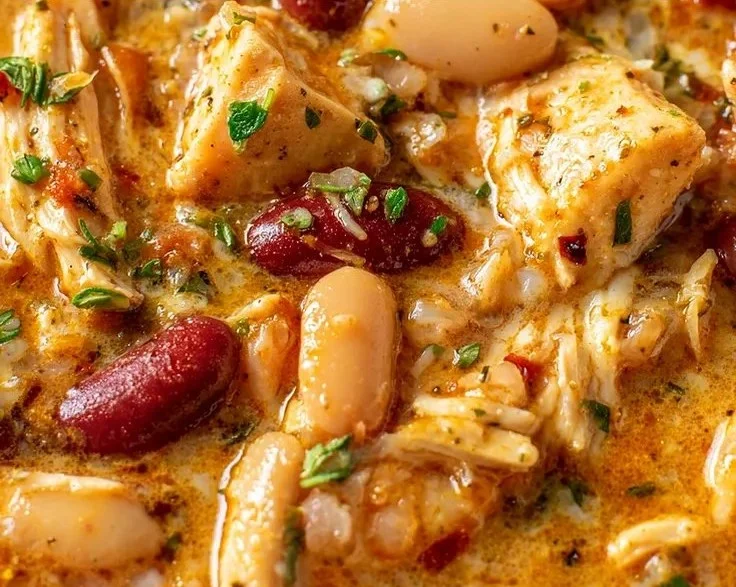 Bowl of Cajun white chicken chili with fresh herbs and spices