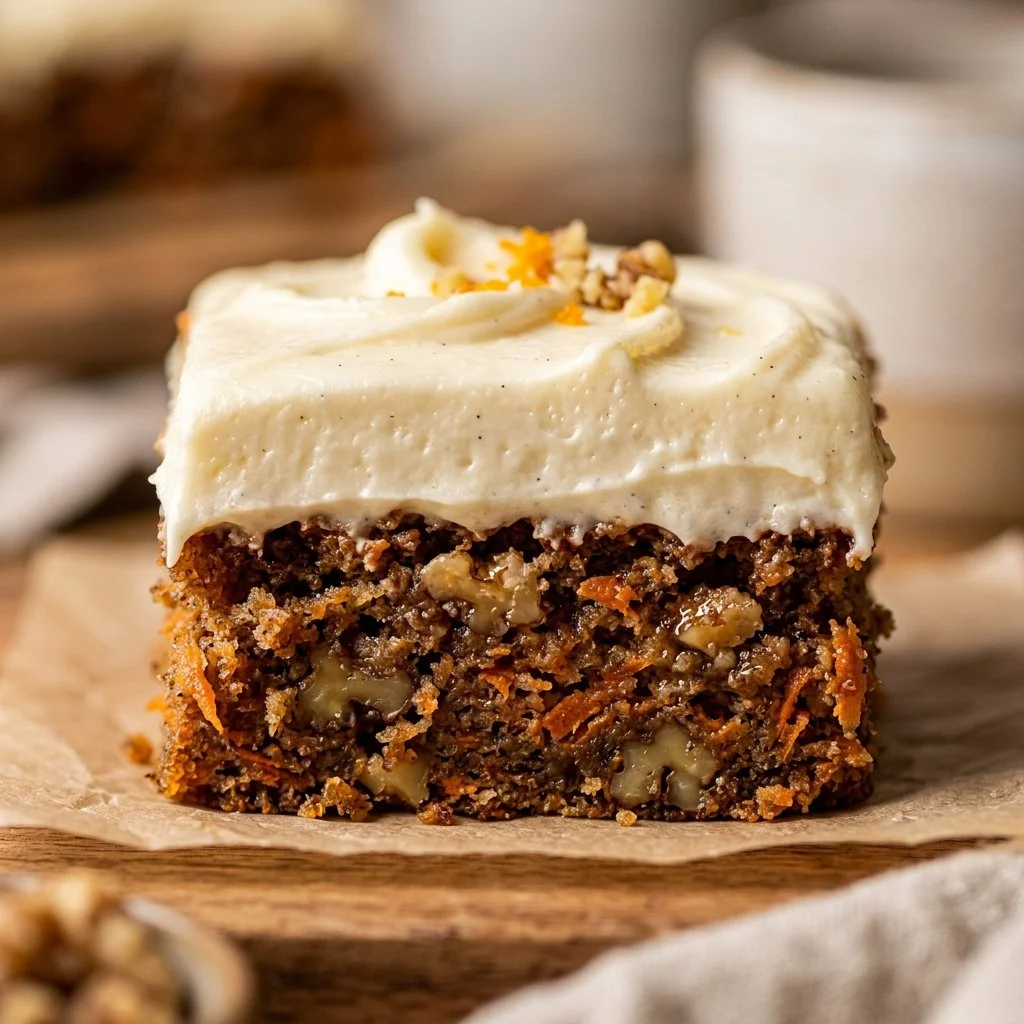 Delicious carrot cake bars topped with cream cheese frosting and walnuts.