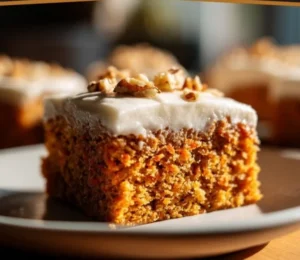 Delicious homemade carrot cake bars topped with cream cheese frosting.