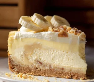 Delicious cheesecake topped with creamy banana pudding and crushed cookies.