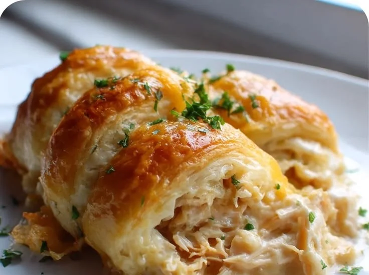 Cheesy Chicken Crescent Bake topped with cheese and herbs, served on a plate.