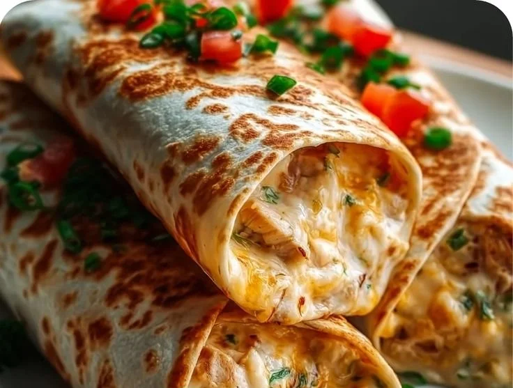 Cheesy garlic chicken wraps garnished with fresh herbs and served on a plate.