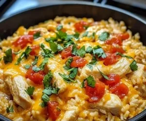Delicious one-pot queso chicken and rice served in a bowl.