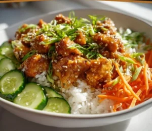Delicious chicken in flavorful sauce served with rice and vegetables