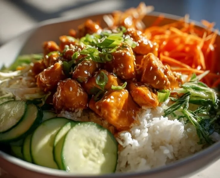 Chicken in Flavorful Sauce over Rice and Vegetables