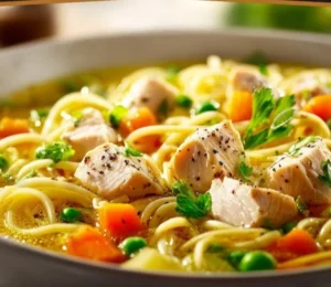 Delicious homemade chicken noodle soup simmering in a pot with fresh ingredients