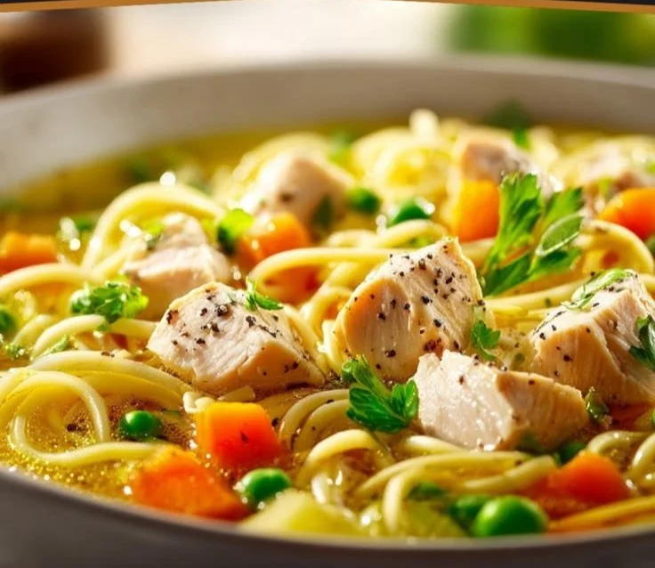 Delicious homemade chicken noodle soup simmering in a pot with fresh ingredients