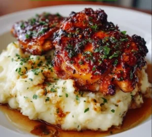 Plate of Chipotle Honey Chicken Thighs garnished with herbs and served with sides
