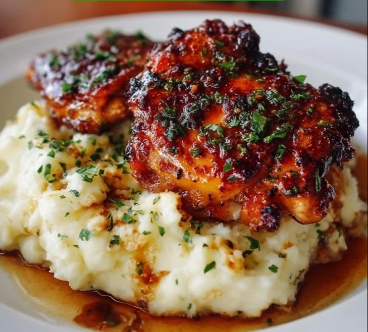 Plate of Chipotle Honey Chicken Thighs garnished with herbs and served with sides