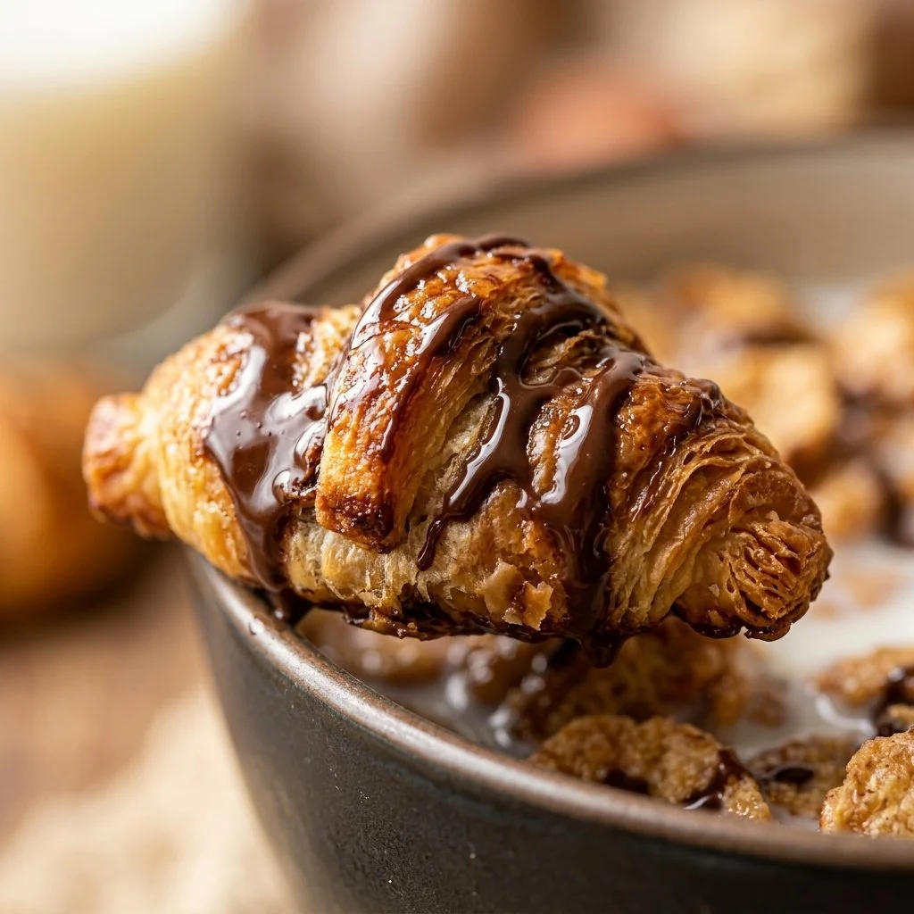 Delicious chocolate-drizzled croissant cereal displayed in a bowl.