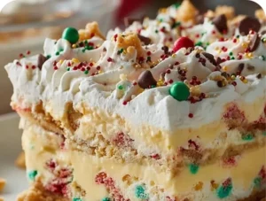 Delicious Christmas cookie lasagna layered with festive ingredients.