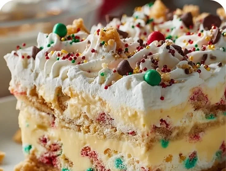 Delicious Christmas cookie lasagna layered with festive ingredients.