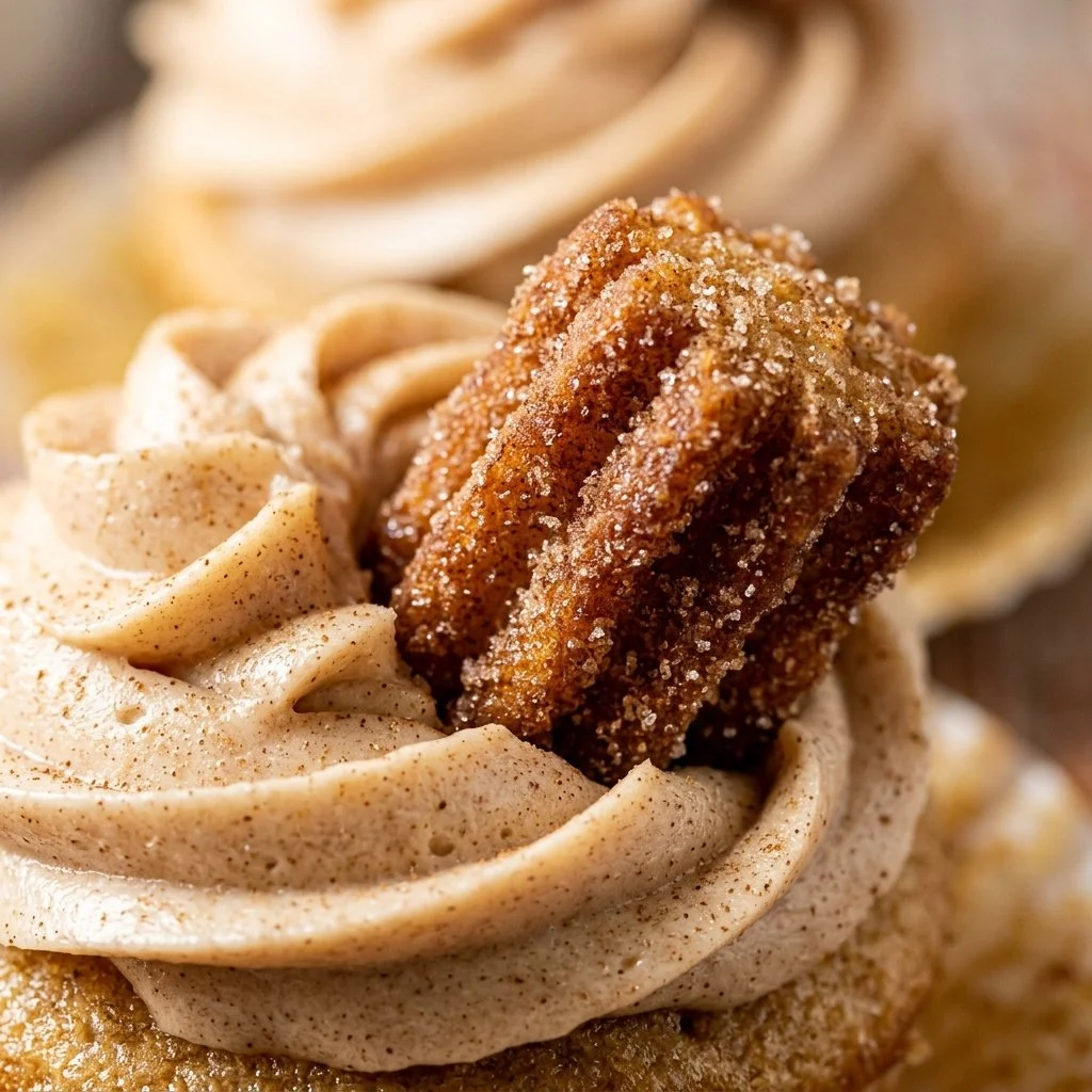 Churro cupcakes decorated with cinnamon frosting on a rustic wood table.