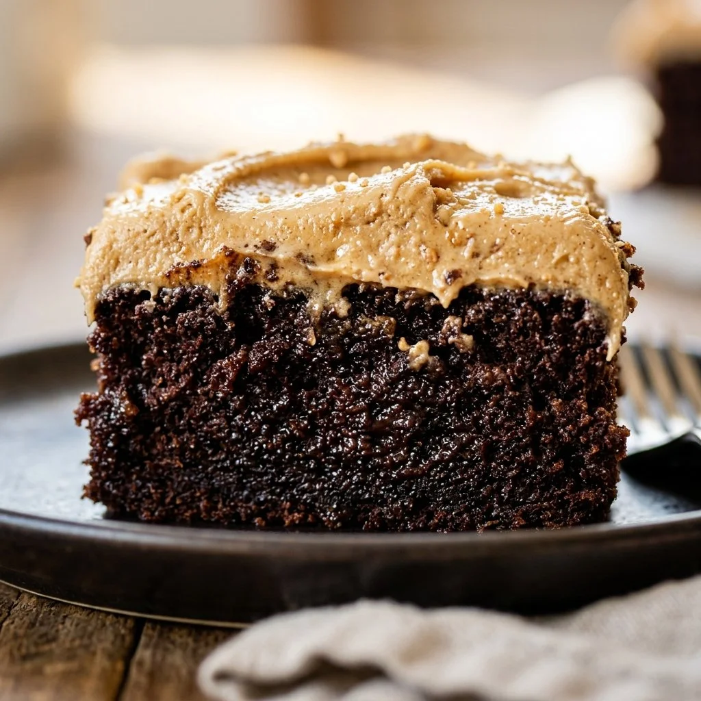Delicious Cola Cake with Peanut Frosting served on a platter
