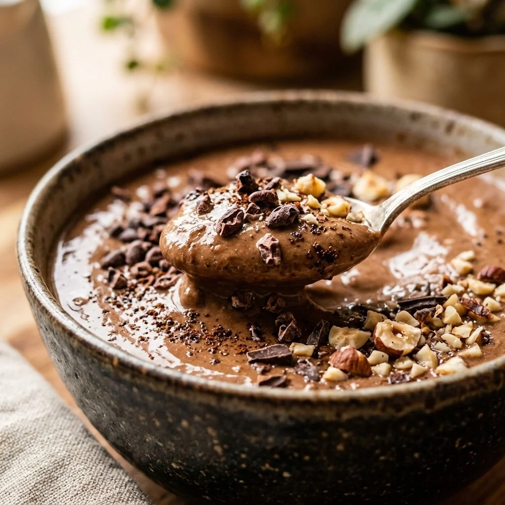 Cold Espresso Protein Smoothie Bowl topped with fruits and nuts