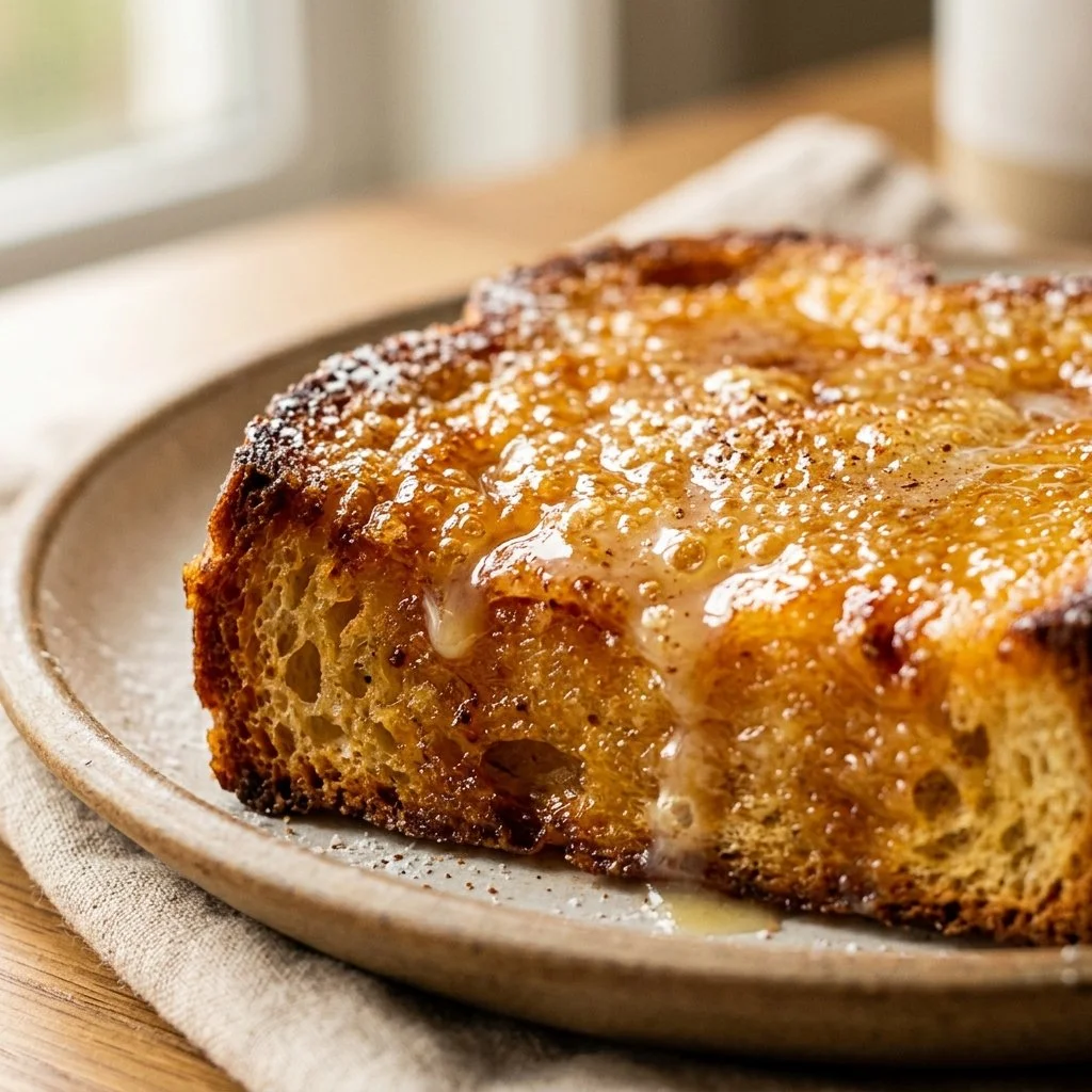 Toasted bread topped with sweet condensed milk, a tasty dessert or snack.