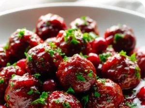 Cranberry-glazed meatballs served on a plate with fresh herbs