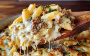 Creamy Beef Alfredo Ziti casserole topped with cheese and herbs