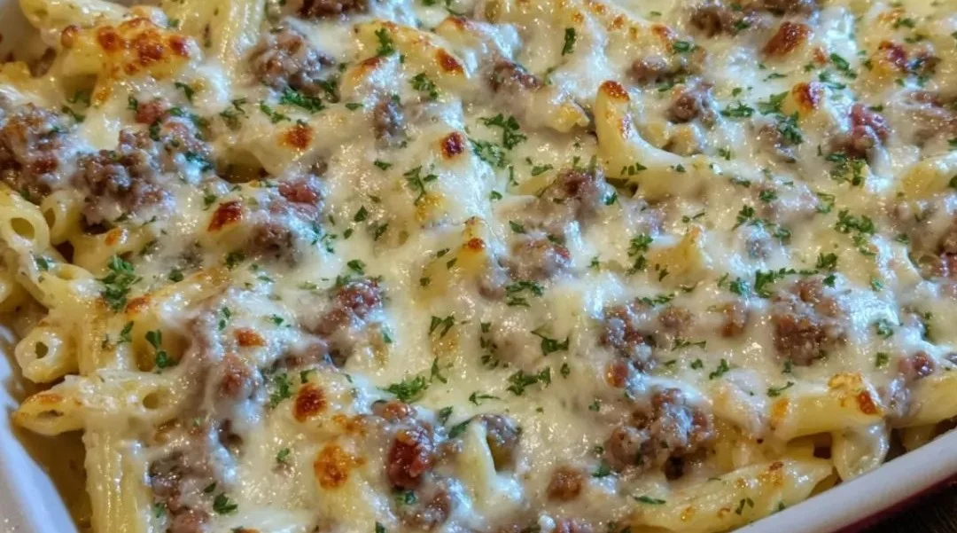 Creamy Beef Alfredo Ziti Casserole