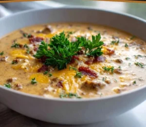 Creamy beef and bacon potato soup served in a bowl, garnished with herbs.