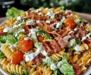 Creamy BLT pasta salad with bacon, lettuce, cherry tomatoes, and dressing