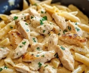Delicious creamy Boursin chicken pasta served with fresh herbs.