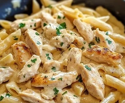 Delicious creamy Boursin chicken pasta served with fresh herbs.