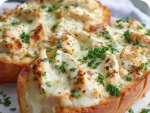 Creamy Chicken Alfredo served with garlic bread on a plate.