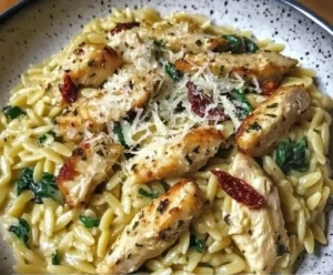 Creamy chicken orzo dish garnished with herbs in a bowl