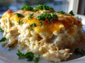 Creamy chicken rice bake served in a rustic dish, garnished with herbs