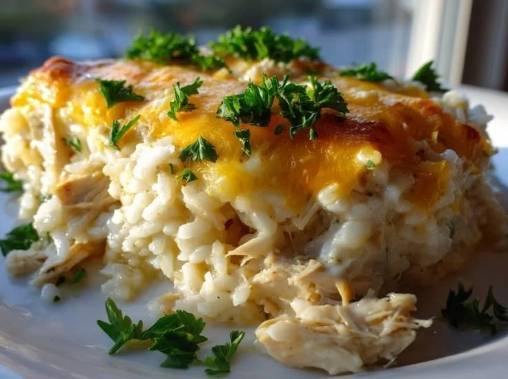 Creamy chicken rice bake served in a rustic dish, garnished with herbs