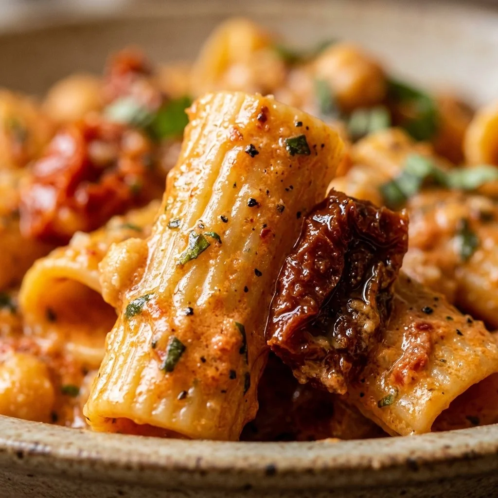 Creamy chickpea pasta with sun-dried tomatoes and a sprinkle of herbs
