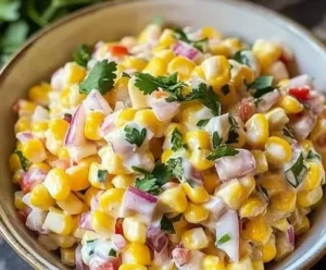 Creamy corn salad served in a bowl with fresh ingredients