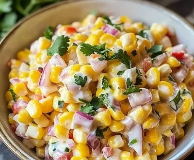 Creamy corn salad served in a bowl with fresh ingredients