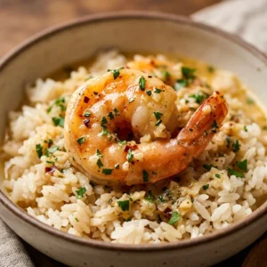 Creamy garlic butter shrimp served with rice in a delicious dish