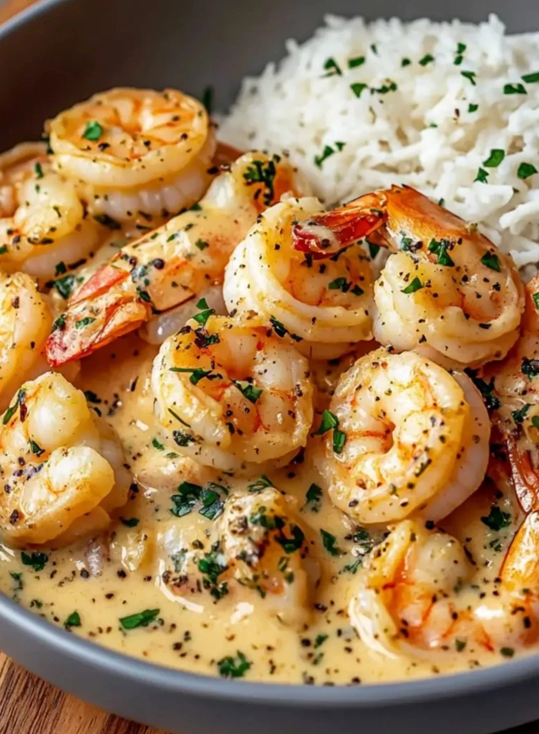 Plate of creamy garlic butter shrimp served with rice