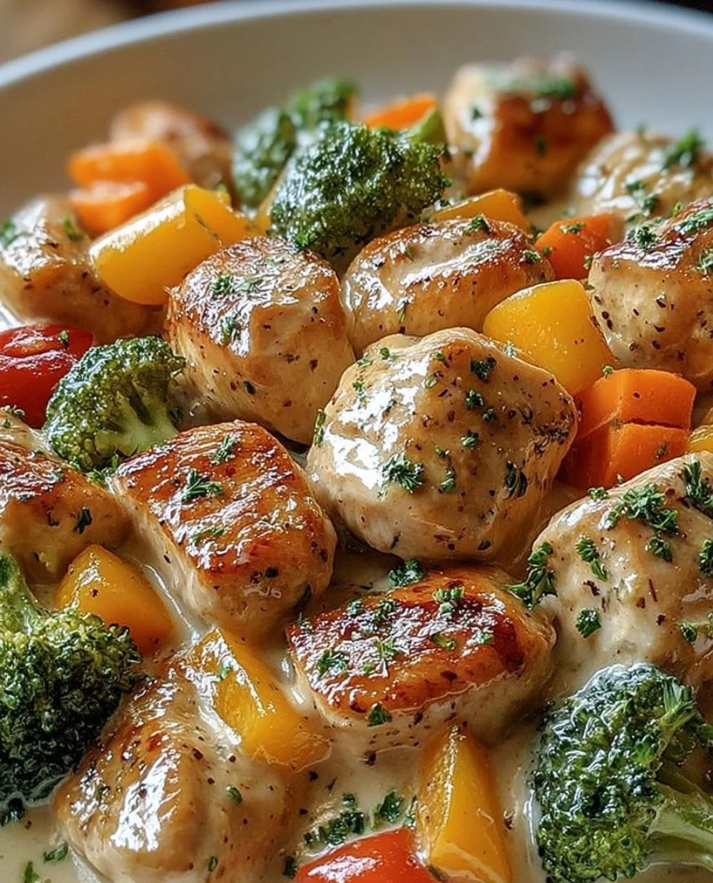 Creamy garlic chicken dish served in a bowl