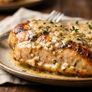Creamy garlic chicken dish on a plate with herbs and side vegetables