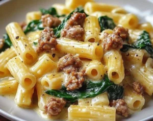 Creamy ground turkey pasta with spinach in a bowl
