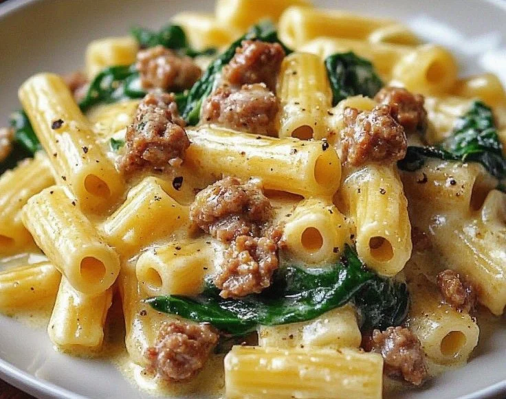 Creamy ground turkey pasta with spinach in a bowl