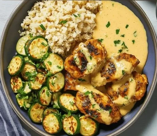 Creamy lemon butter chicken served with herbs on a plate