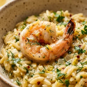 Creamy lemon herb shrimp orzo in a bowl with fresh herbs
