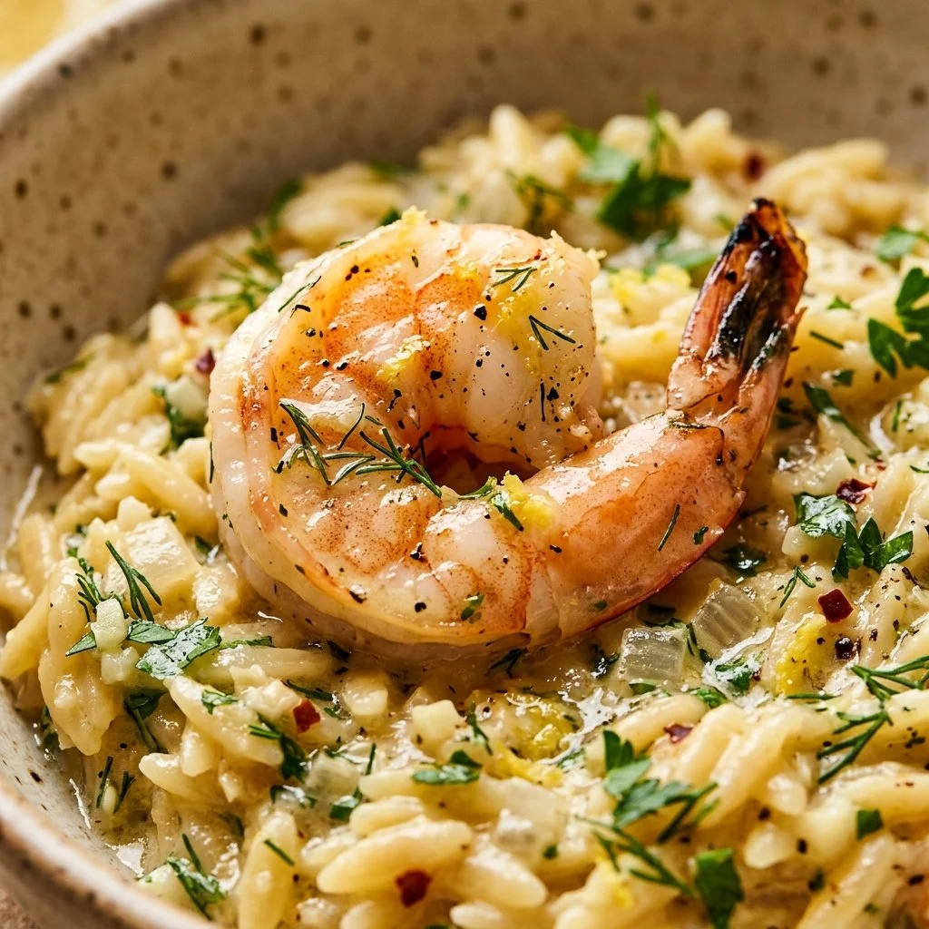 Creamy lemon herb shrimp orzo in a bowl with fresh herbs