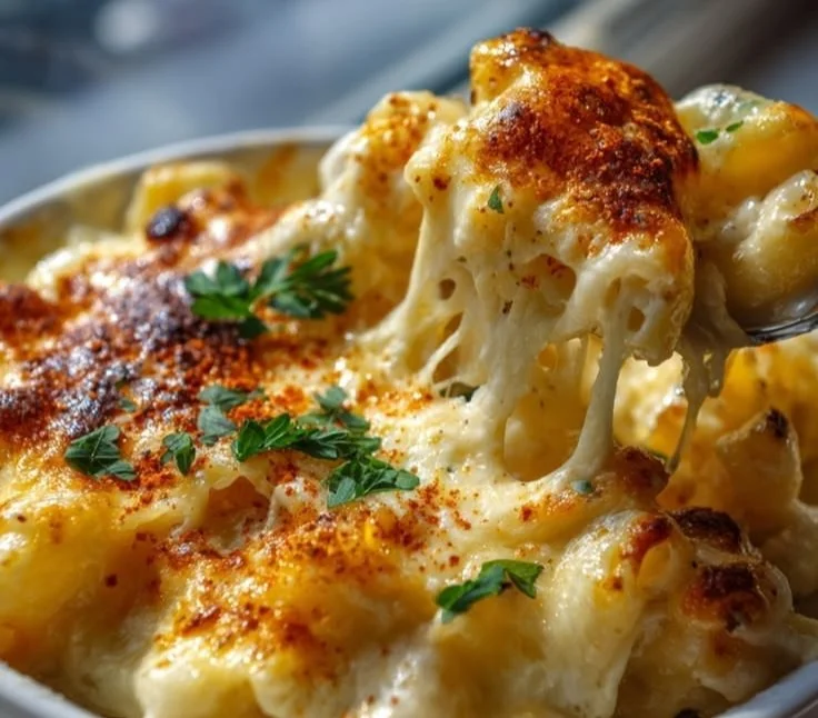 Creamy macaroni and cheese bake topped with a golden crust
