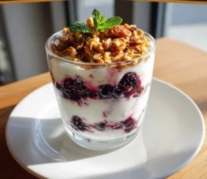 Creamy mulberry vanilla yogurt parfait with fresh fruits and granola